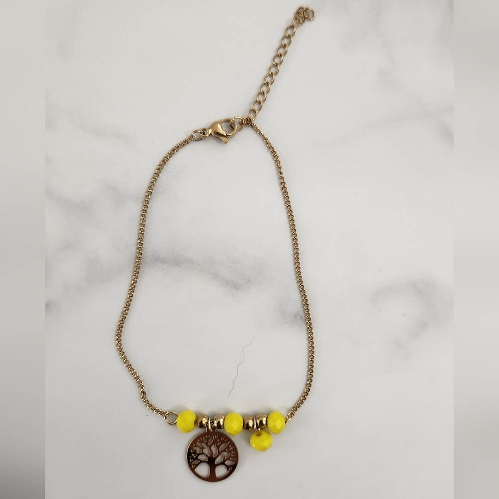 Gold Tree of Life Anklet with Yellow Beads 18K Plated Beachy Adjustable Ankl - Picture 7 of 10